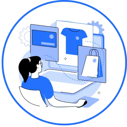 Ecommerce and online shopping illustration featuring digital product display, online store management, and eCommerce marketing solutions on a laptop interface.