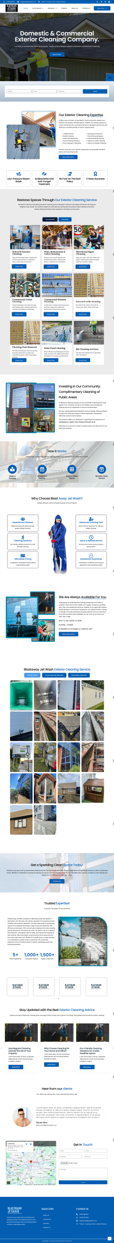 Exterior cleaning services website design showing pressure washing, window cleaning, and commercial building cleaning solutions