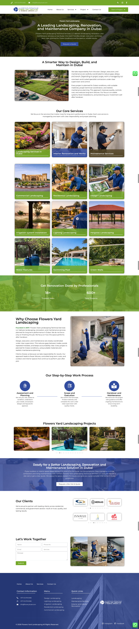 Landscaping and maintenance company website design showing garden design, renovation services, and outdoor landscaping projects in Dubai