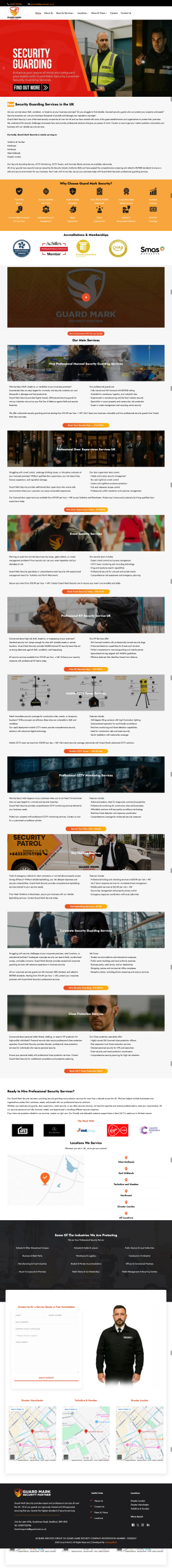 Security guard services website design showing professional security solutions, CCTV monitoring, and manned guarding services in the UK