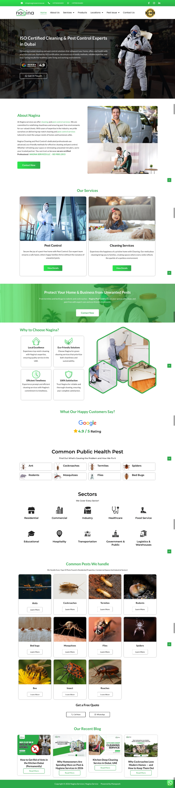 Cleaning and pest control services website design showing pest removal, sanitation, and hygiene solutions for homes and businesses