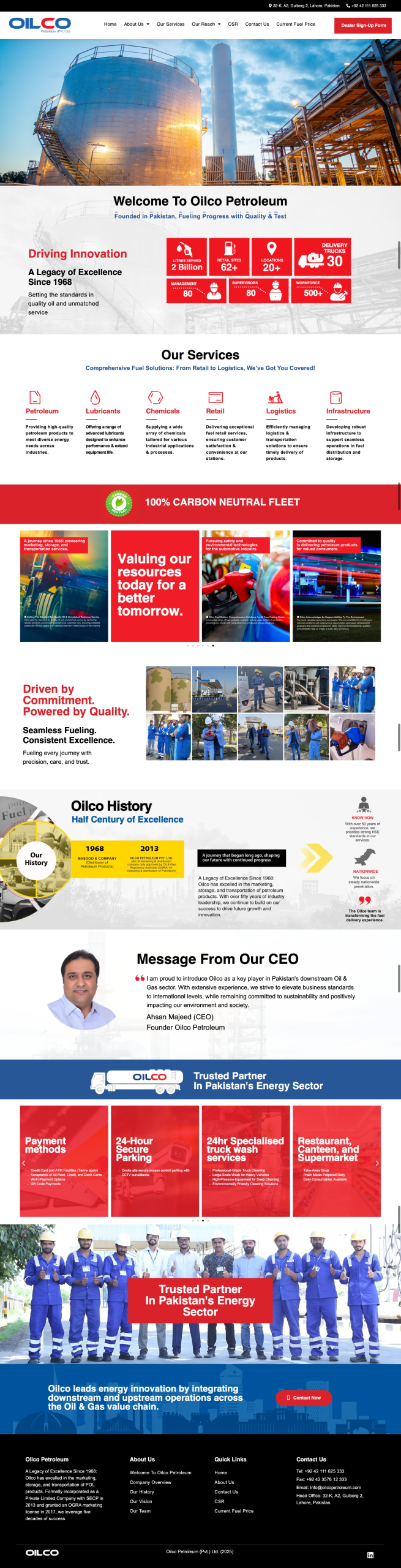 Oil and gas company website design showing petroleum services, fuel logistics, and energy sector operations in Pakistan