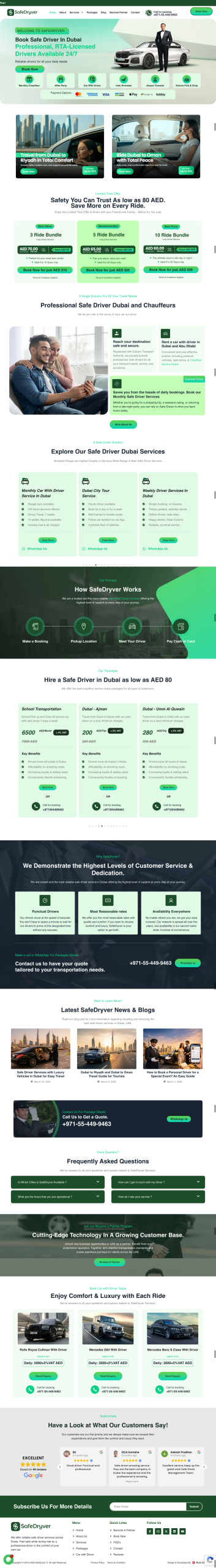 Safe driver Dubai website design showing chauffeur booking services, ride packages, and professional driver solutions