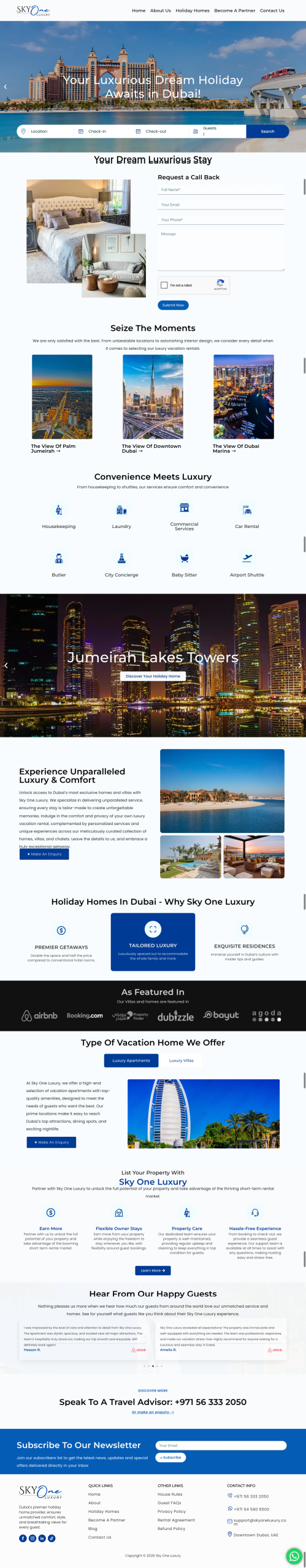 Luxury holiday homes Dubai website design showing villa rentals, apartments, and vacation booking services