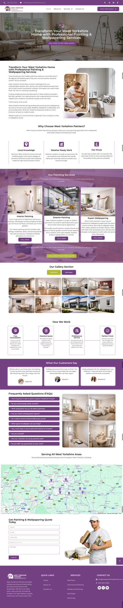Painting and decorating services website design showing interior painting, wallpapering, and home renovation services in West Yorkshire