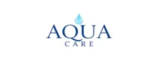 Aqua Care company logo featuring elegant blue typography with a water droplet icon, representing professional water care and cleaning services.