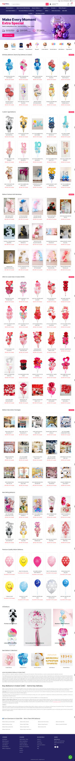 Online balloons and party decorations store website showing birthday balloons, number balloons, and event decoration products