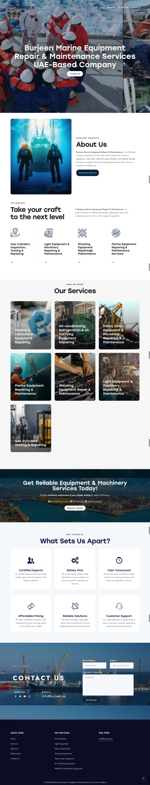 Marine equipment repair and maintenance services website design showing offshore engineering, machinery servicing, and UAE-based industrial solutions