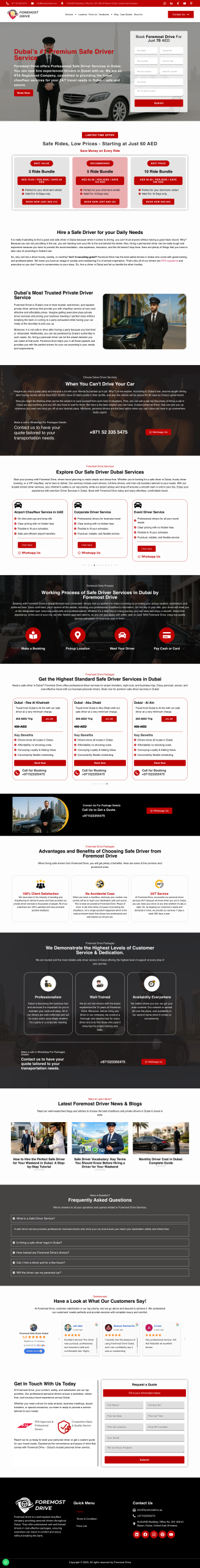 Dubai safe driver service website design showing chauffeur booking, pricing plans, and private driver services