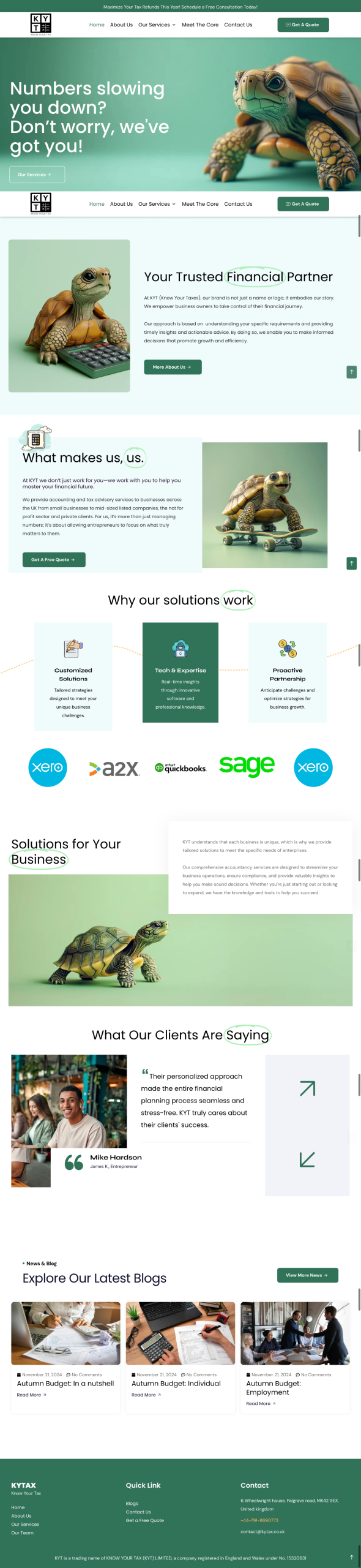 Accounting and financial services website design showing business consulting, bookkeeping, and financial planning solutions