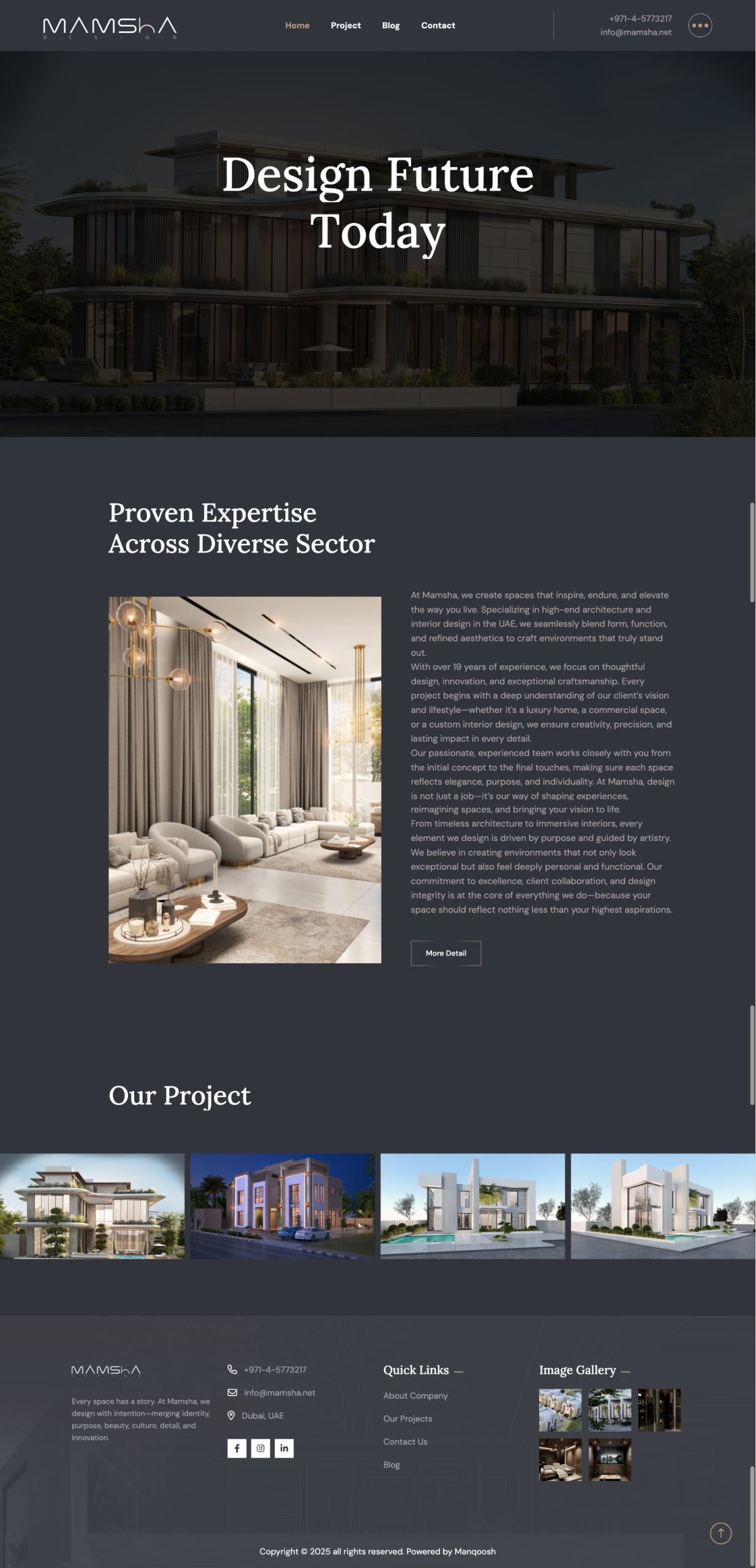 Architecture and interior design website showcasing luxury villa design, modern home interiors, and residential projects in UAE