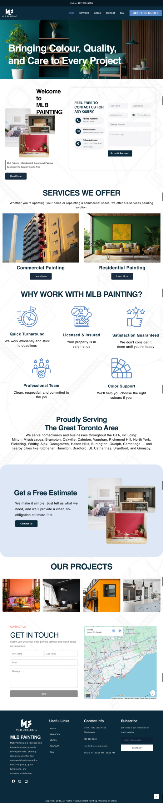 Painting services website design showing residential and commercial painting, home interior design, and renovation services in Toronto