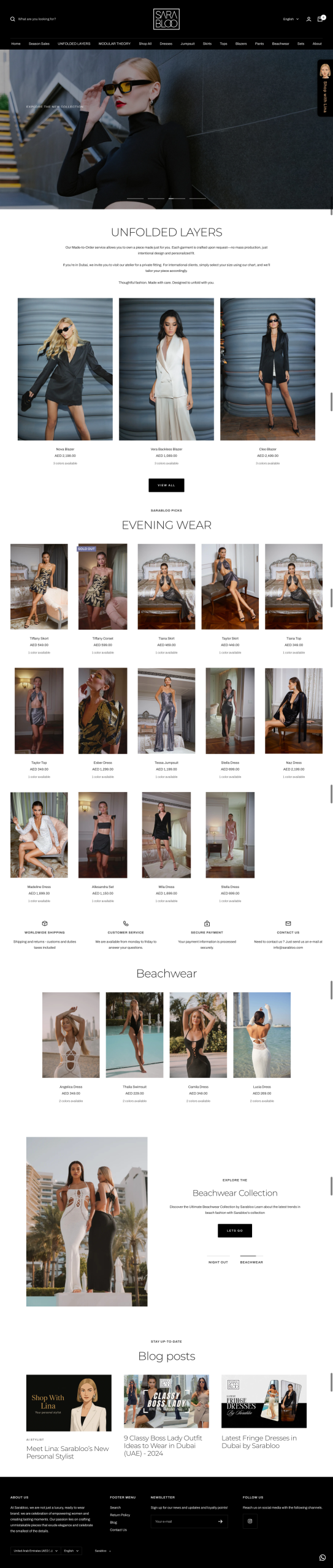 Luxury fashion eCommerce website design showcasing women’s dresses, evening wear, beachwear, and designer outfits