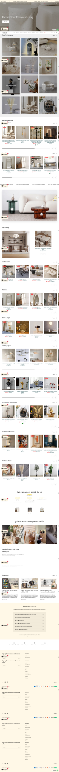 Shaghaf Home decor and furniture eCommerce website design showcasing modern lighting, wall decor, tables, and luxury interior accessories