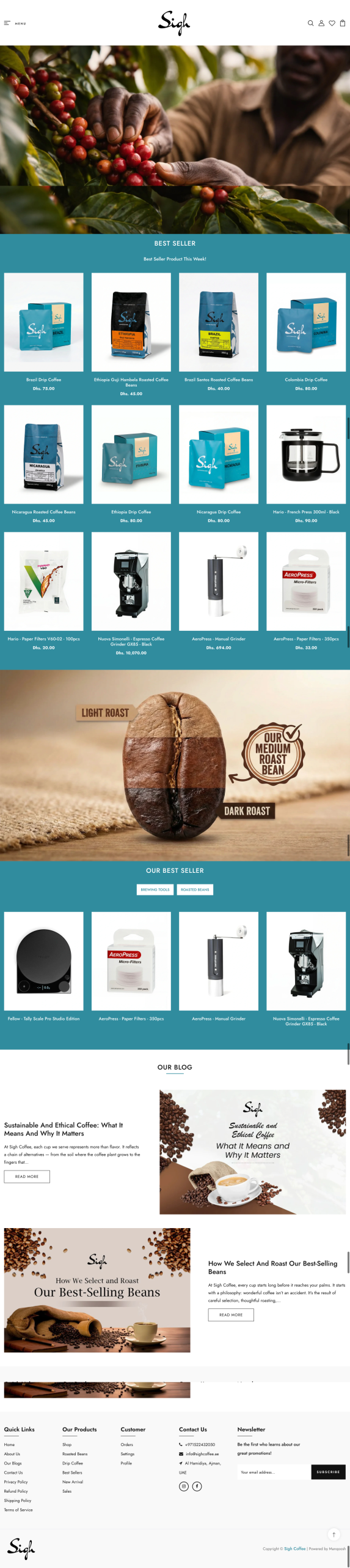 Sigh Coffee eCommerce website design showing roasted coffee beans, drip coffee, espresso machines, and brewing tools online store