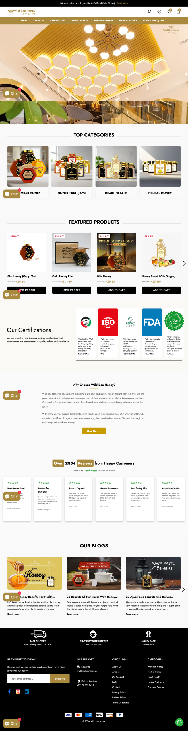 Wild Be Honey eCommerce website design showing organic honey products, herbal honey, fruit jams, and natural health products