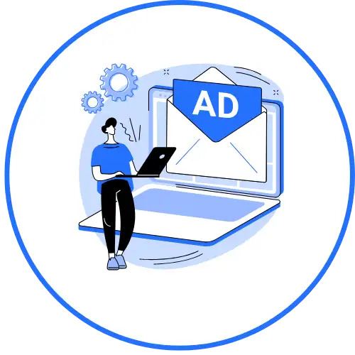 Digital ads creation illustration featuring online advertising campaign setup, ad design, email marketing, and digital promotion on a laptop interface.