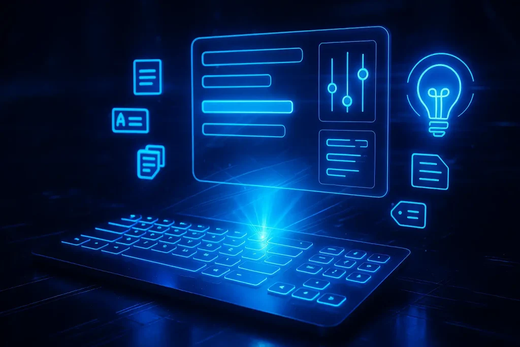 Digital ad copywriting illustration featuring online content creation, advertising text optimization, PPC messaging, and creative marketing strategy on a futuristic interface.