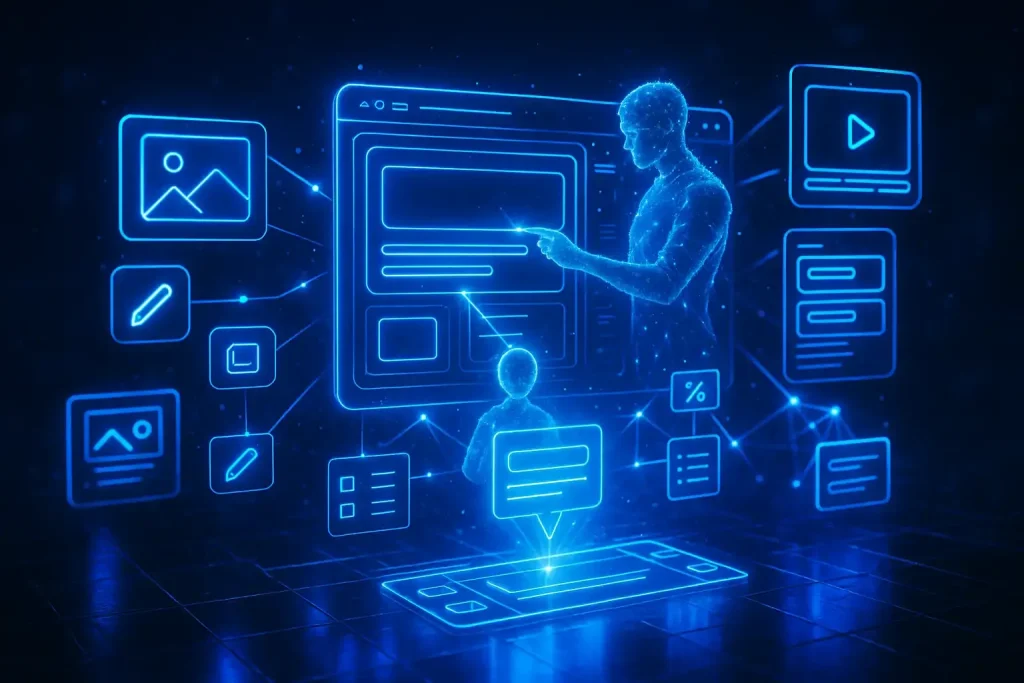 Digital ad creation illustration showing online advertising design, creative campaign development, multimedia content, and digital marketing strategy on a futuristic interface.