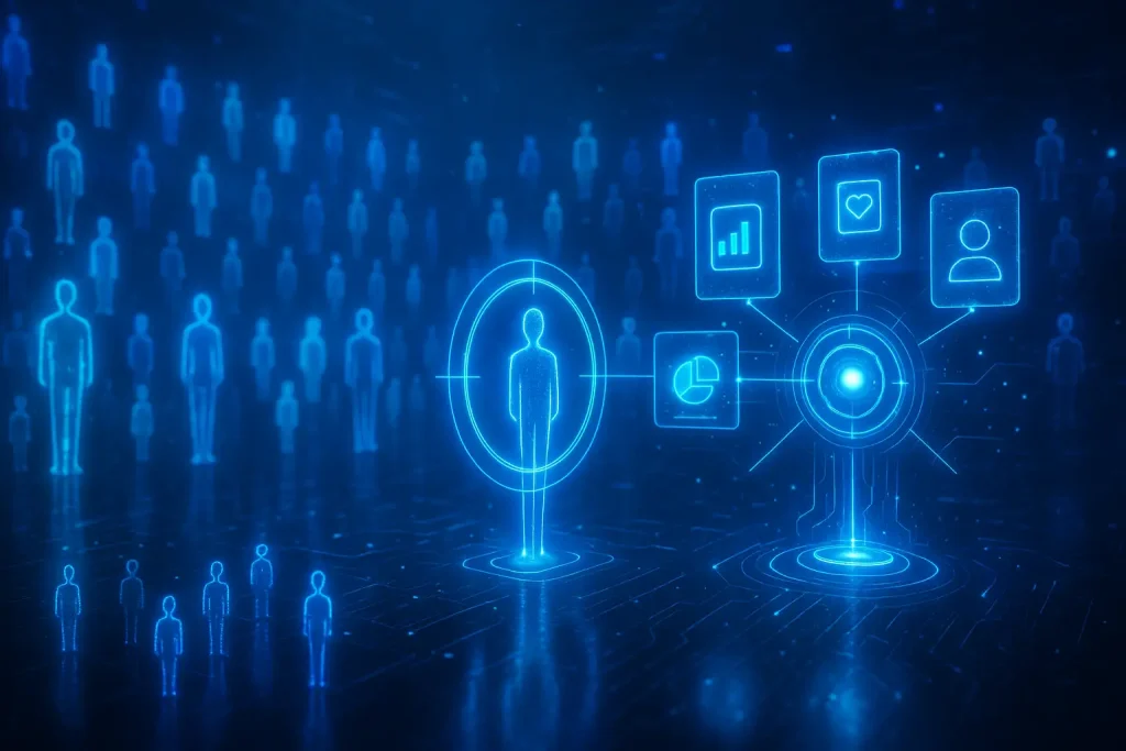 Audience targeting and customer analytics illustration featuring user segmentation, audience insights, engagement tracking, and digital marketing optimization.