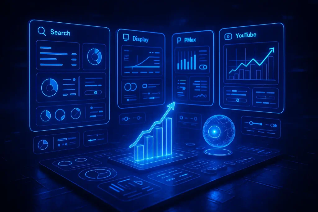 Digital campaign management illustration featuring Google Ads dashboards, search campaigns, display advertising, YouTube marketing, and PPC performance analytics.
