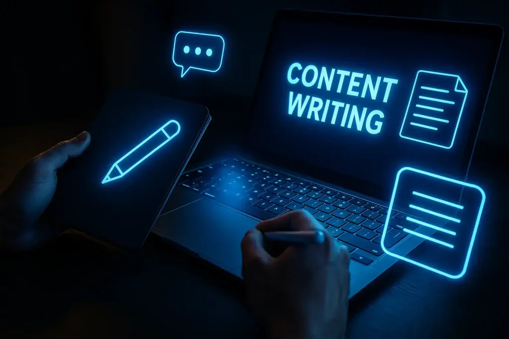 Content writing services concept with laptop, digital content creation, and SEO copywriting tools