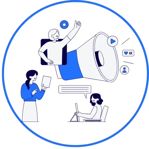 Digital marketing and social media promotion illustration featuring a megaphone, audience engagement, content sharing, and online brand communication.
