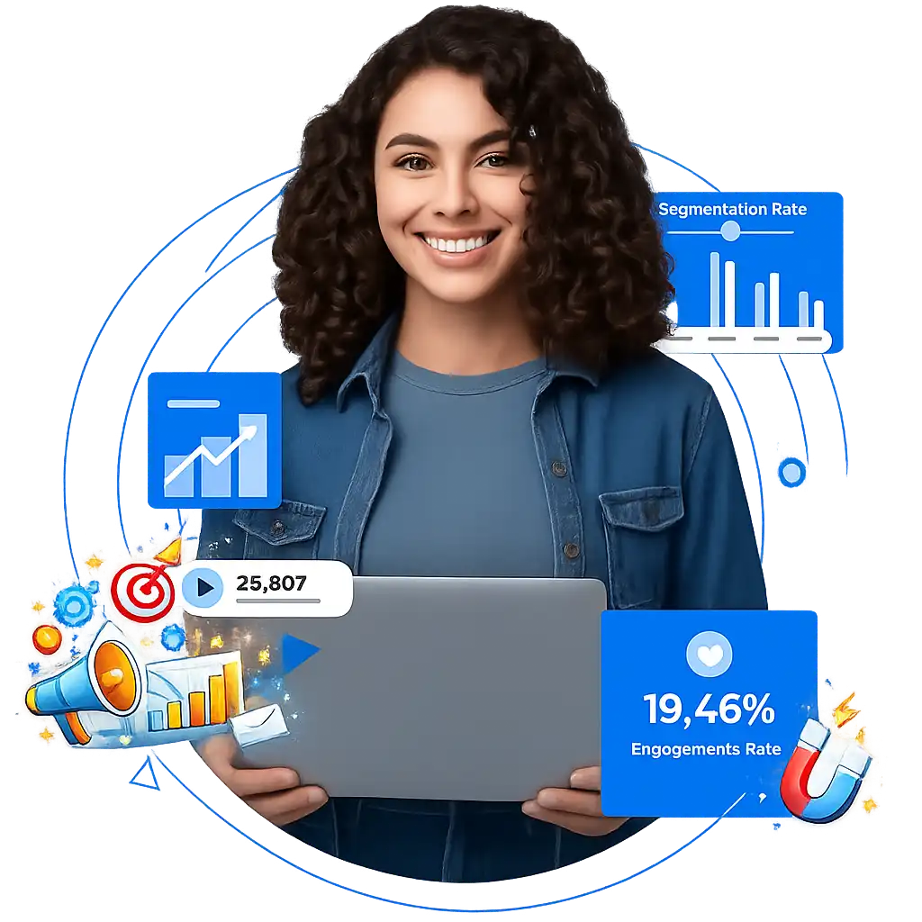 Digital marketing expert with laptop showing SEO analytics, engagement growth, and online marketing performance metrics