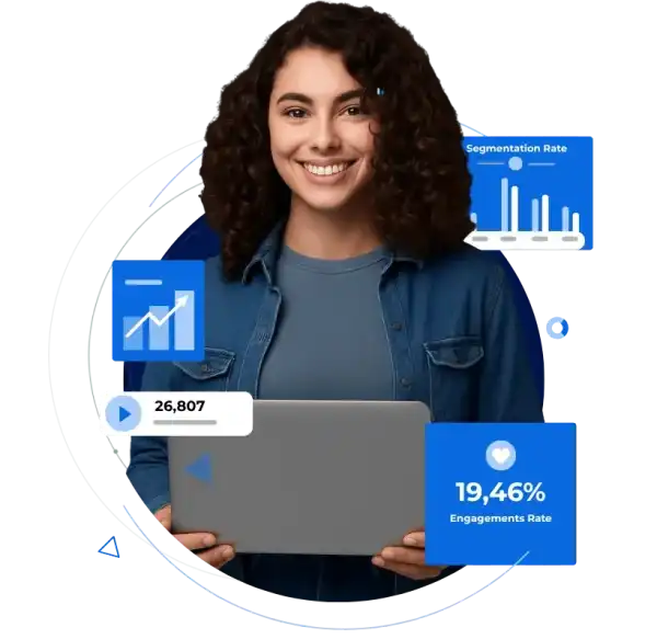 Digital marketing specialist analyzing performance metrics on laptop with analytics dashboards showing engagement rate, segmentation data, and growth charts