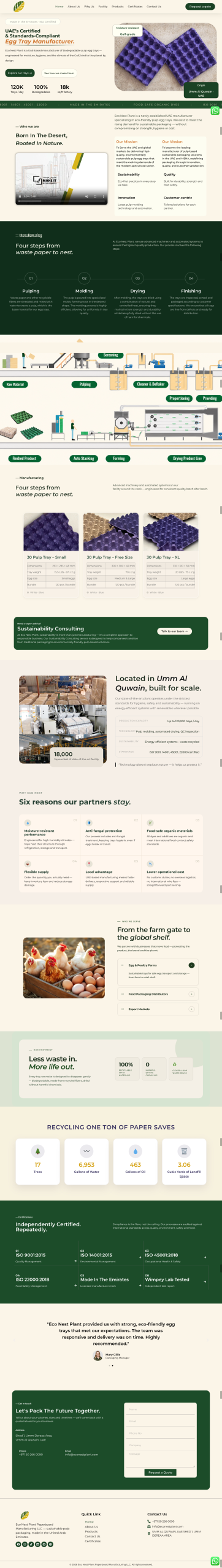 Egg tray manufacturer website design showing recycled paper packaging, sustainability process, and eco-friendly production