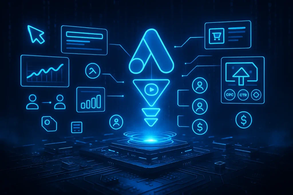 Google Ads conversion tracking illustration featuring PPC analytics, customer journey tracking, conversion funnels, CPC monitoring, and digital advertising performance optimization.