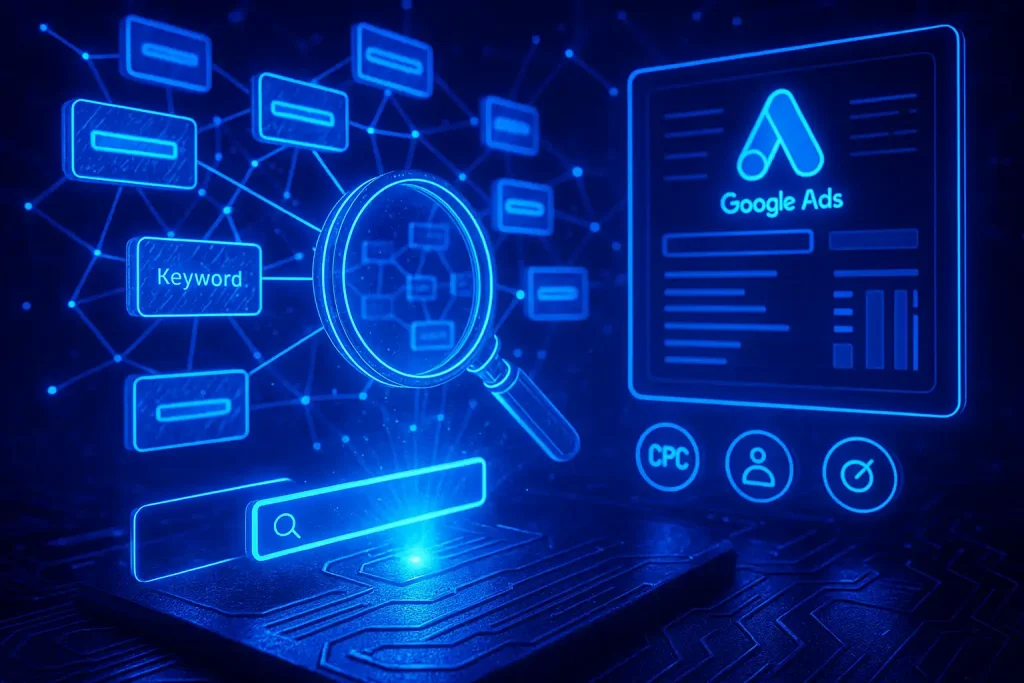 Google Ads keyword research illustration featuring search analysis, PPC keyword targeting, campaign optimization, and digital advertising analytics.