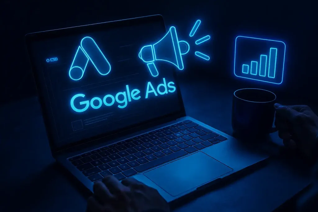 Google Ads PPC advertising concept on laptop with analytics graph and digital marketing campaign performance