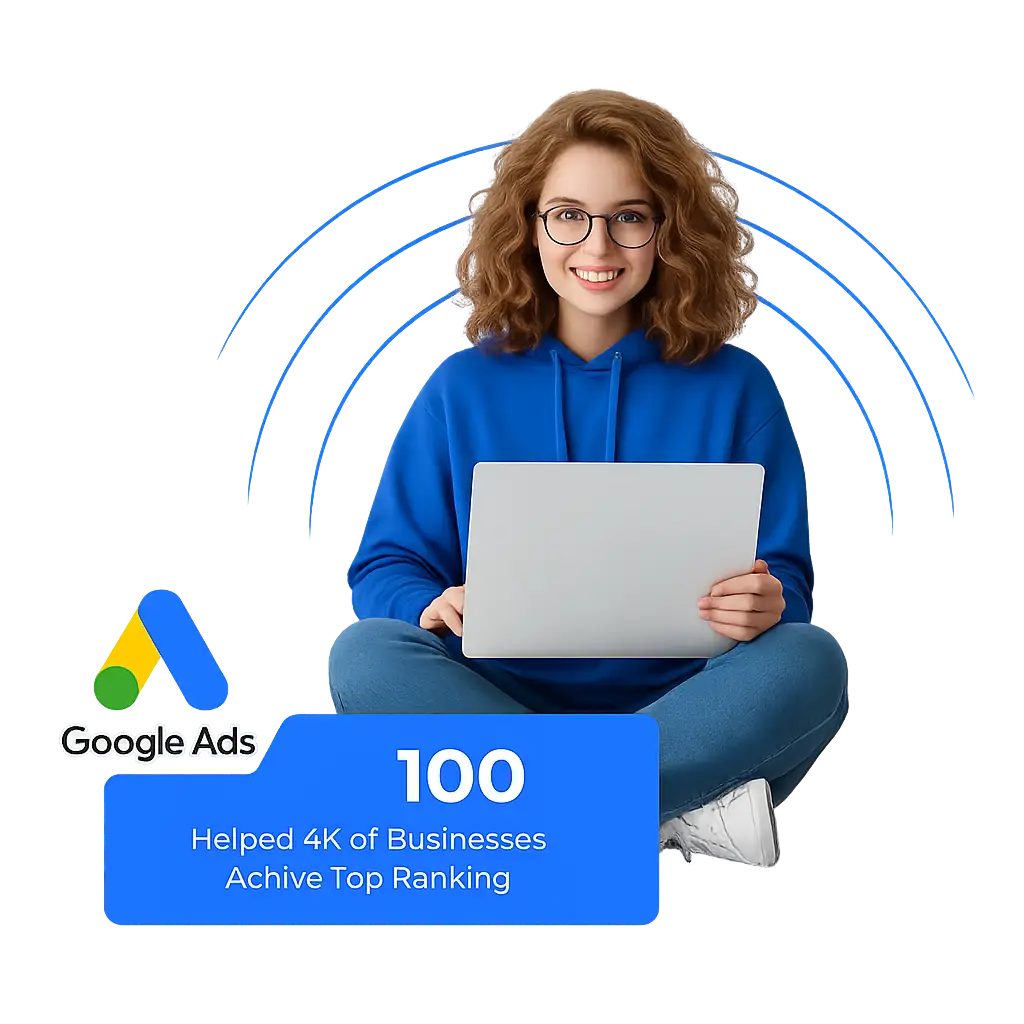 Young woman using a laptop with Google Ads branding, representing digital marketing, PPC advertising, and online business growth services.