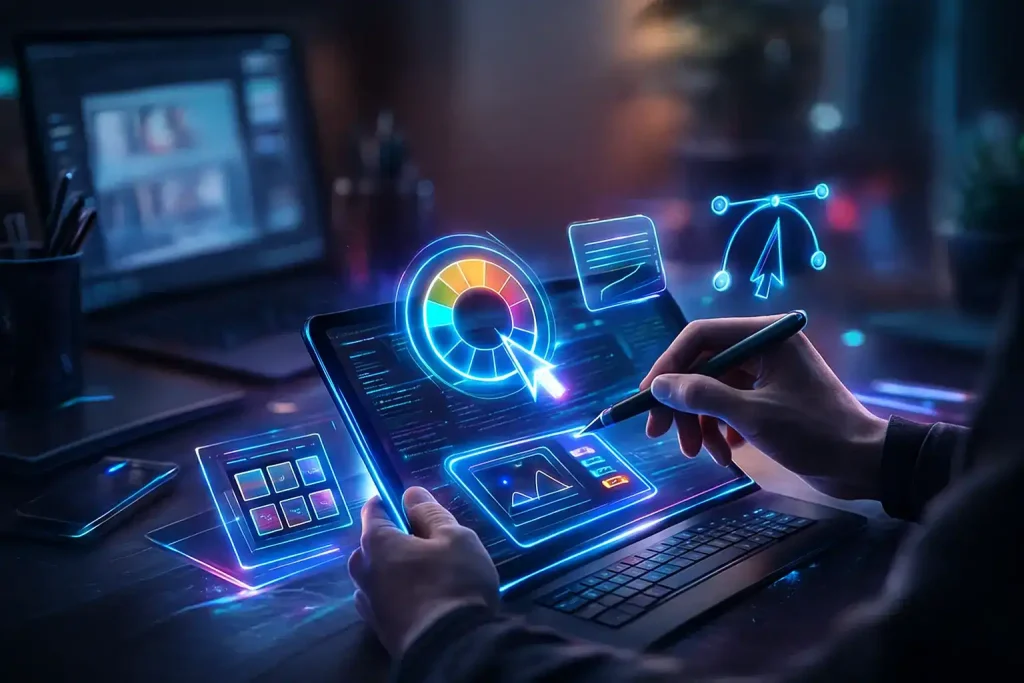 Graphic design and UI UX design concept on tablet with color wheel, design tools, and creative digital interface