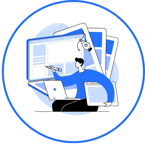 Digital marketing and web design illustration featuring a professional creating responsive website layouts for online advertising, Google Ads campaigns, and business branding.