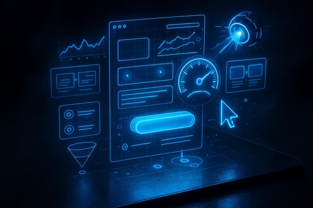 Digital marketing performance optimization illustration featuring analytics dashboards, conversion funnels, speed metrics, and campaign performance tracking tools.