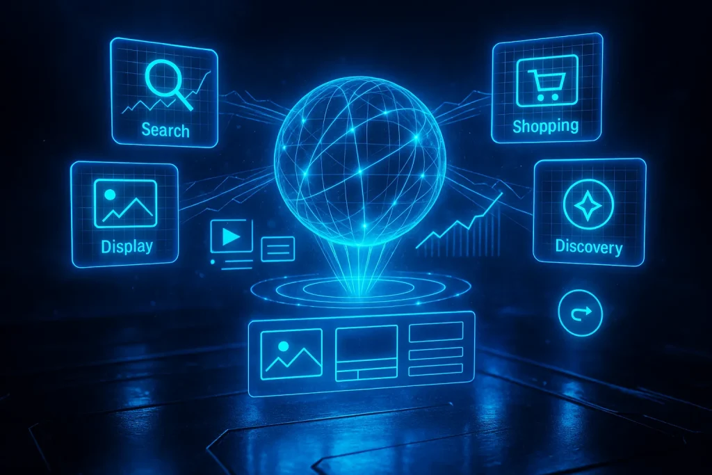 Google Performance Max campaign setup illustration featuring search, display, shopping, and discovery ads connected through automated PPC optimization and cross-channel advertising.