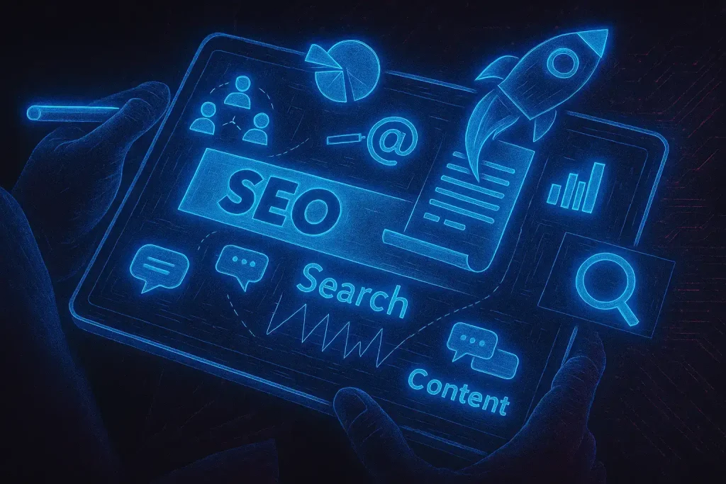 SEO optimization concept on tablet showing search engine ranking, content strategy, and digital marketing growth