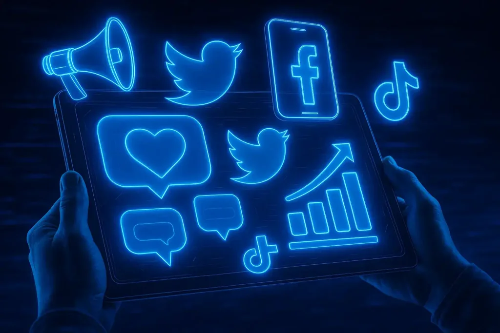 Social media marketing concept with Facebook, Twitter, TikTok icons and engagement growth analytics on tablet