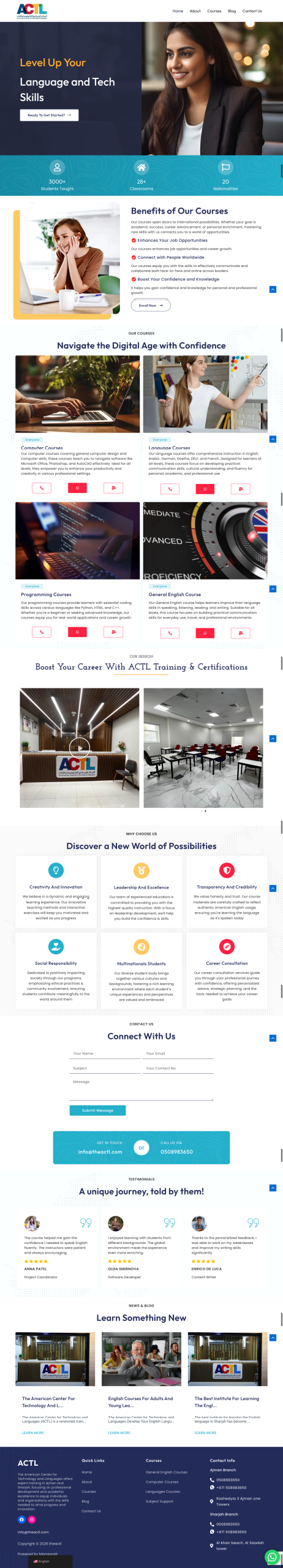 Education and training institute website design showing language courses, computer training, and certification programs