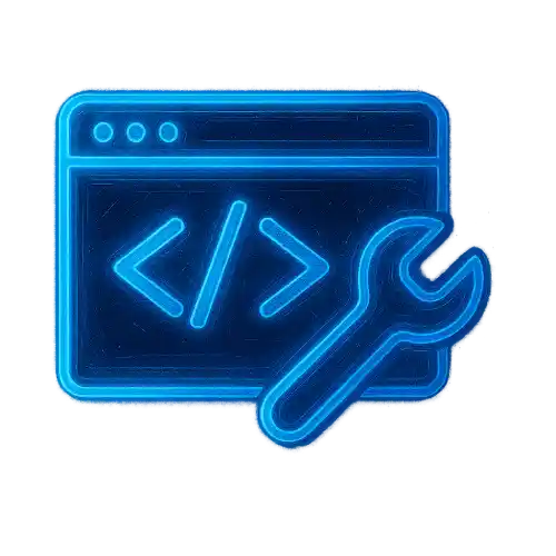 Website development and web design icon with coding symbols and tools representing custom website design and development services