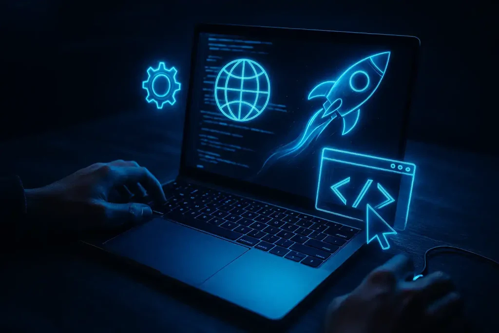 Web development and digital marketing concept with laptop, coding interface, and growth rocket icon